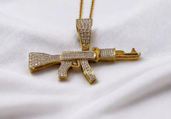 Sterling Silver 925 AK 47 Rifle Gun Pendant with Moissanite Diamonds | Personalized Charm Necklace | 14k Yellow Gold Plated