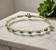 14K Yellow Gold 8CT Oval Cut Lab-Created Green Emerald Tennis Bracelet | Fine Jewelry Gift