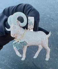 3.80Ct Round Cut Real Moissanite Custom Goat Pendant 14K Yellow Gold Plated