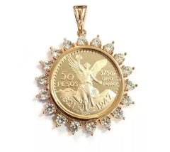 Round Lab-Created Diamond Lady Liberty COIN Shape Pendant 14K Yellow Gold Finish