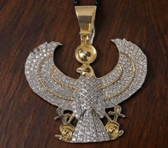 Sterling Silver 925 Round Cut Moissanite Yellow Gold Plated Egyptian God Eagle Pendant Charm - 35mm