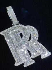 2.60 Ct Round Cut Real Moissanite Letter _RR_ Pendant 14K White Gold Plated Ideal Birthday Gift No Chain