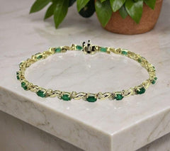 14K Yellow Gold 8CT Oval Cut Lab-Created Green Emerald Tennis Bracelet | Fine Jewelry Gift