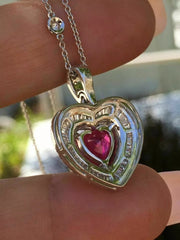 Customizable Ruby & Diamond Heart Necklace - 14K White Gold Plated, Sterling Silver, 18" Chain - Romantic Gift Idea