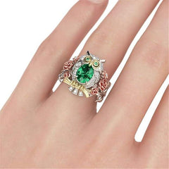 1 Carat Owl Rings for Women 925 Sterling Silver 18K Gold Plated Wedding Rings Oval Cut Solitaire Engagement Rings with Emerald Stone