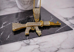 Sterling Silver 925 AK 47 Rifle Gun Pendant with Moissanite Diamonds | Personalized Charm Necklace | 14k Yellow Gold Plated