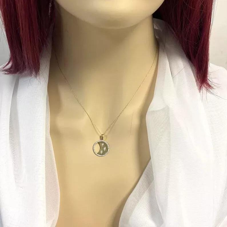 1.0 CT Round Real Moissanite Celestial Stars Pendant 14k Yellow Gold Plated Ideal Birthday Gift No Chain