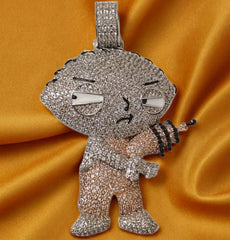 14K White Gold Plated 5Ct Round Cut Moissanite Pendant with Cartoon Character Charm | Sterling Silver | Unique, Fun, and Whimsical Jewelry