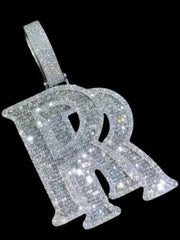 2.60 Ct Round Cut Real Moissanite Letter _RR_ Pendant 14K White Gold Plated Ideal Birthday Gift No Chain
