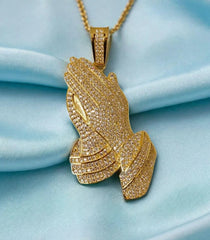 14k Yellow Gold Plated Praying Hand Pendant Charm - Sterling Silver with Moissanite, Personalized Gift for Anniversary, Birthday,