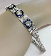 Tennis Silver Bracelet Art deco Style Blue White Sapphire & Lab Created Diamond