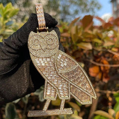 3Ct Baguette Cut Lab-Created Diamond Owl Pendant 14K Yellow Gold Finish