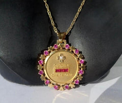 3Ct Lab-Created Red Ruby 14K Yellow Gold Finish Qu'hier Que Demain Love Pendant