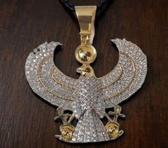 Sterling Silver 925 Round Cut Moissanite Yellow Gold Plated Egyptian God Eagle Pendant Charm - 35mm