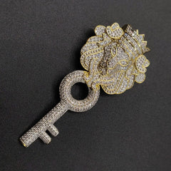 10K Silver Gold Over Moissanite Men's King Lion Head with Key Pendant - 2.50 Carats