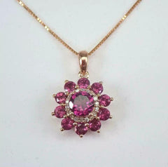 2.20Ct Round Cut Red Ruby Halo Flower Pendant, 14K Yellow Gold Plated, Free Chain, Sterling Silver, Gift for Women, Birthday, Anniversary