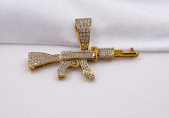 Sterling Silver 925 AK 47 Rifle Gun Pendant with Moissanite Diamonds | Personalized Charm Necklace | 14k Yellow Gold Plated