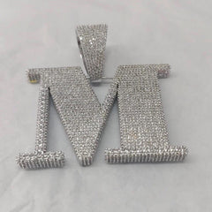 Real Moissanite Custome Letter "M" Charm Pendant Made of Silver 925 and 14K White Gold Plating Over It