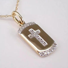 0.10 Ct Round Moissanite Cross Religious Dog Tag Pendant 14K Yellow Gold Plated Ideal Birthday Gift No Chain