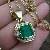 3.0 Ct Asscher Lab-Created Green Emerald Pendant Real 14K Yellow Gold Plated Ideal Birthday Gift