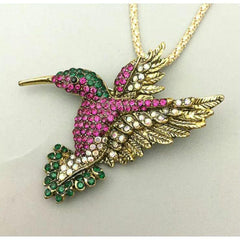 Elegant Hummingbird Brooch Pendant in 14K Yellow Gold Plated, Multiple Colors Diamond Accents – Nature-Inspired Jewelry, Sparkling Animal