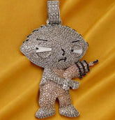 14K White Gold Plated 5Ct Round Cut Moissanite Pendant with Cartoon Character Charm | Sterling Silver | Unique, Fun, and Whimsical Jewelry