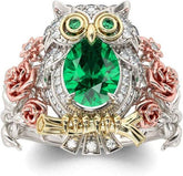 1 Carat Owl Rings for Women 925 Sterling Silver 18K Gold Plated Wedding Rings Oval Cut Solitaire Engagement Rings with Emerald Stone
