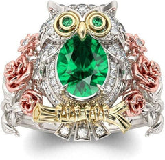 1 Carat Owl Rings for Women 925 Sterling Silver 18K Gold Plated Wedding Rings Oval Cut Solitaire Engagement Rings with Emerald Stone
