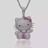 3Ct Round Cut Real Moissanite Cartoon Hello Kitty Pendant 14K White Gold Plated.