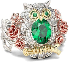 1 Carat Owl Rings for Women 925 Sterling Silver 18K Gold Plated Wedding Rings Oval Cut Solitaire Engagement Rings with Emerald Stone