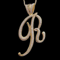 2.0 Ct Round Cut Real Moissanite Letter R Pendant 14K Yellow Gold Plated Silver Birthday Gifts No Chain