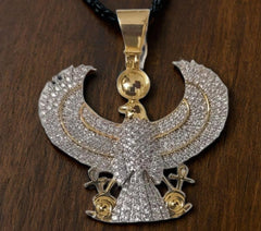 Sterling Silver 925 Round Cut Moissanite Yellow Gold Plated Egyptian God Eagle Pendant Charm - 35mm