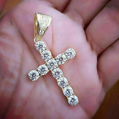 Real Moissanite 3Ct Round Cut Men's Cross Pendant 14K Yellow Gold Plated Silver