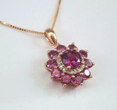 2.20Ct Round Cut Red Ruby Halo Flower Pendant, 14K Yellow Gold Plated, Free Chain, Sterling Silver, Gift for Women, Birthday, Anniversary