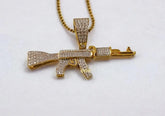 Sterling Silver 925 AK 47 Rifle Gun Pendant with Moissanite Diamonds | Personalized Charm Necklace | 14k Yellow Gold Plated