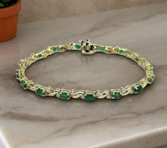 14K Yellow Gold 8CT Oval Cut Lab-Created Green Emerald Tennis Bracelet | Fine Jewelry Gift
