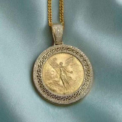 14K Yellow Gold Plated Moissanite Pendant - 1.60 Ct Round Cut - Sterling Silver 50 Pesos Centenario Charm - Ideal for All Occasions