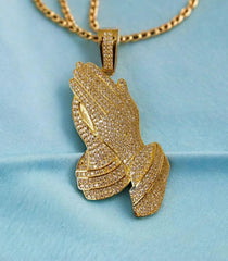 14k Yellow Gold Plated Praying Hand Pendant Charm - Sterling Silver with Moissanite, Personalized Gift for Anniversary, Birthday,