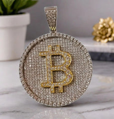 Bitcoin Cryptocurrency Pendant - 14k Yellow Gold Plated 925 Sterling Silver Charm - 2.2 Inch Height with Bail - Unique Crypto Jewelry Gift