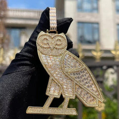 3Ct Baguette Cut Lab-Created Diamond Owl Pendant 14K Yellow Gold Finish