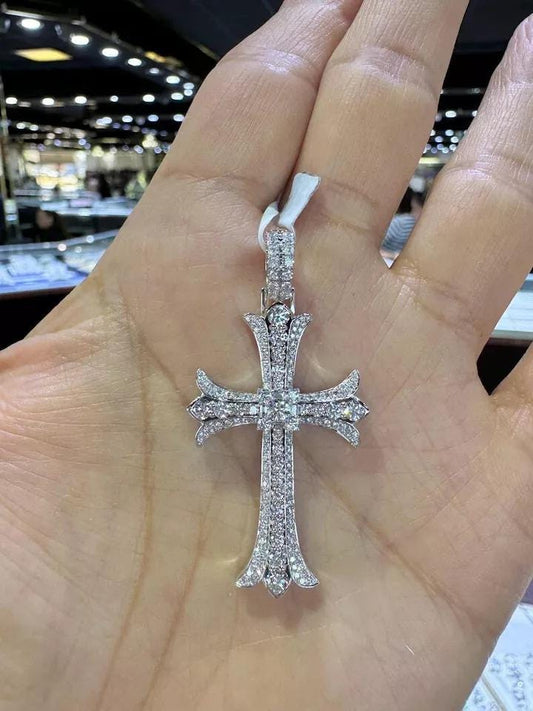 1.90Ct Round Cut Moissanite Men's Cross Religious Pendant 14K White Gold Plated