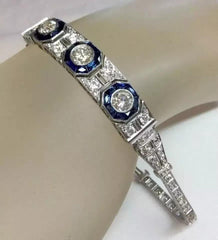 Tennis Silver Bracelet Art deco Style Blue White Sapphire & Lab Created Diamond