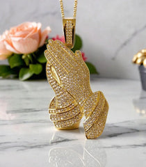 14k Yellow Gold Plated Praying Hand Pendant Charm - Sterling Silver with Moissanite, Personalized Gift for Anniversary, Birthday,