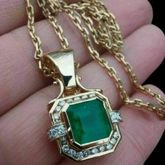 3.0 Ct Asscher Lab-Created Green Emerald Pendant Real 14K Yellow Gold Plated Ideal Birthday Gift
