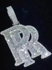 2.60 Ct Round Cut Real Moissanite Letter _RR_ Pendant 14K White Gold Plated Ideal Birthday Gift No Chain