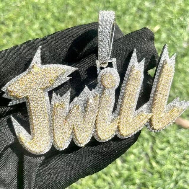 4.0 Ct Round Cut Real Moissanite Custom Name Men's Pendant 14K Two Tone Gold Plated Birthday Gifts No Chain