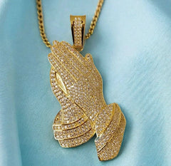 14k Yellow Gold Plated Praying Hand Pendant Charm - Sterling Silver with Moissanite, Personalized Gift for Anniversary, Birthday,