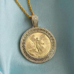 14K Yellow Gold Plated Moissanite Pendant - 1.60 Ct Round Cut - Sterling Silver 50 Pesos Centenario Charm - Ideal for All Occasions