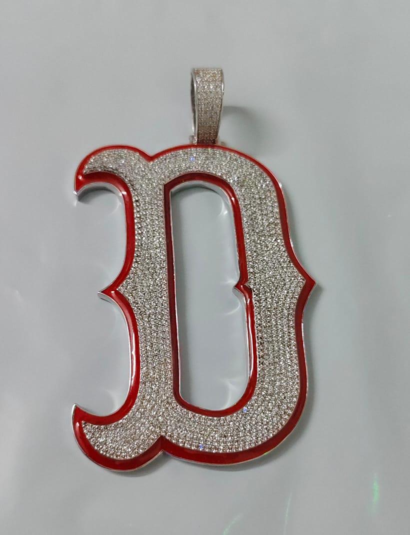 3Ct Real Moissanite Customisable Letter "D" Pendant Necklace in 14K Yellow Gold Plating, Silver 925, Height with Bale 2.5 inch, Red Outline