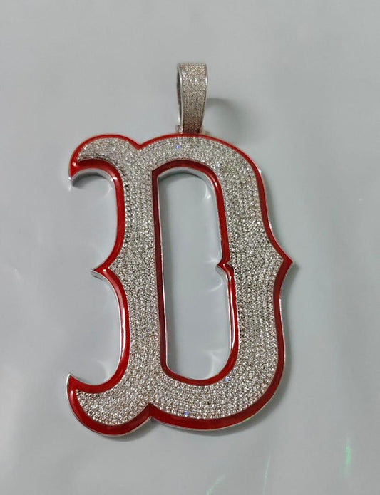 3Ct Real Moissanite Customisable Letter "D" Pendant Necklace in 14K Yellow Gold Plating, Silver 925, Height with Bale 2.5 inch, Red Outline